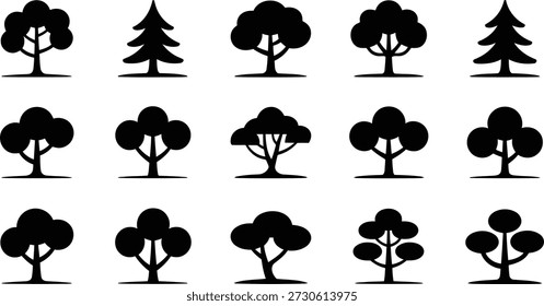 Una amplia selección de íconos minimalistas de árboles negros, que representan varios tipos de follaje y Formas de troncos para temas naturales.