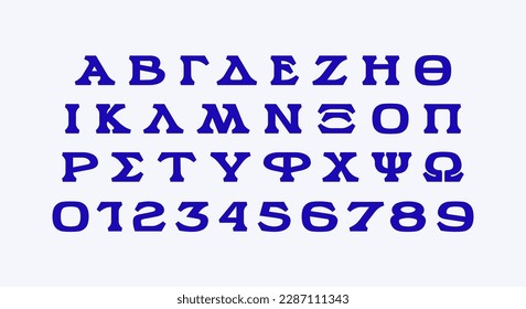 Wide serif font in elegant style. Bold face Greek letters and numbers for logo and label design. Blue print on white background