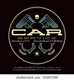 Wide serif font in racing style with car service emblem. Color print on black background
