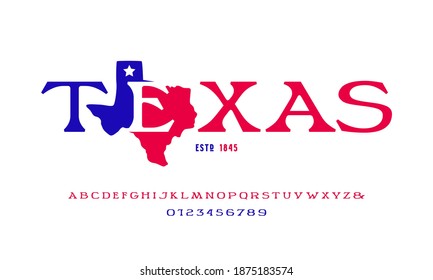 Wide serif font in wild west style. Emblem of the state of Texas. Letters and numbers for logo and label design. Color print on white background