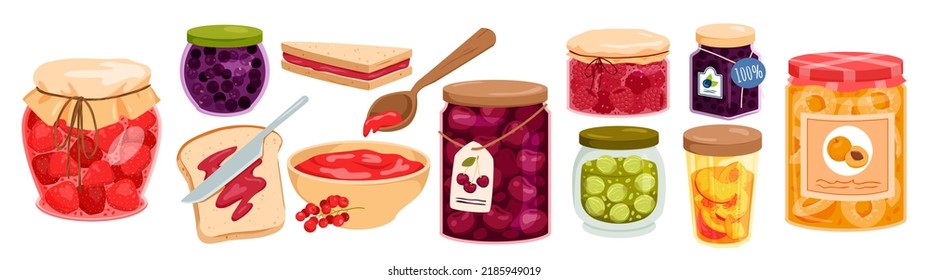 Wide set of different fruit jams. Homemade various pots with jams, organic natural product, cooking fruits with sugar, bread with jam, sweet breakfast meal vector illustration