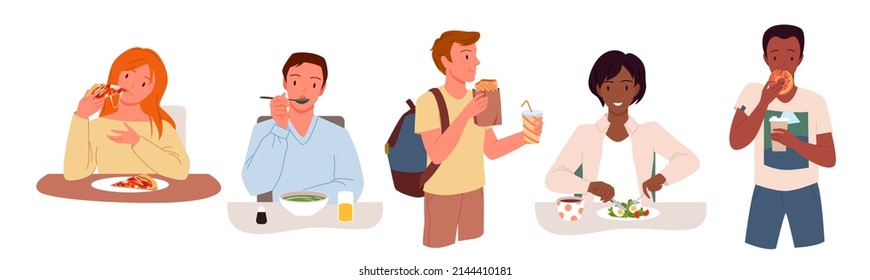 Wide set of people eating different foods. Fast food consumption, breakfast and lunch meal, takeaway dishes and drinks, cafeteria menu, healthy and unhealthy products cartoon vector illustration