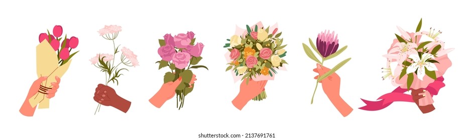 Gran variedad de ramos florales primaverales. Flores arregladas naturales botánicas, saludo floral y regalos de celebración, ramo floreciente de plantas de jardín caricatura ilustración vectorial