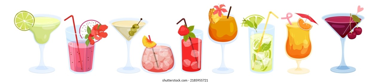 Wide set of summer tropical cocktails. Cocktail bar party, alcohol beverages with exotic fruits decorations, drink menu, long drinking glasses, celebrating vacation vector illustration