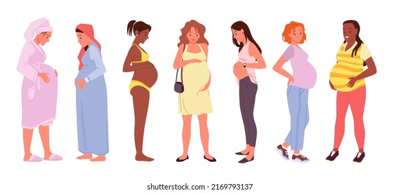 Wide set of various pregnant women. Pregnancy period, motherhood care, prenatal healthcare, expecting a baby, creating family generation, woman touches belly vector illustration