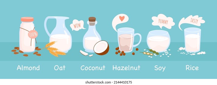 Wide set of vegetable milk in glass cups. Organic almond, soy, coconut drink, hazelnut, oat and rice vegan beverage, lactose free dairy drinks cartoon vector illustration