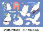 Wide set of white pigeons spreading peace. Flying dove with plant branch, international global day of peace, innocence and human purity symbol cartoon vector illustration