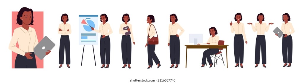 Wide set of working poses american african business lady. Busy office executive manager woman with laptop, big data analytics consultant employee cartoon vector illustration