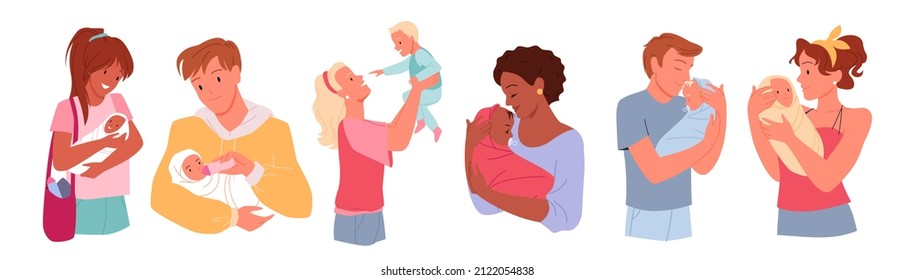 Wide set of young happy parents holding newborn baby. Parenthood period with affection, love and cuddling comforting infant toddler, family happy moments cartoon vector illustration