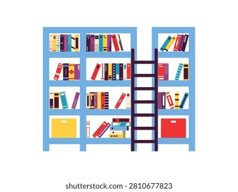 Wide shelving filled with books, featuring library ladder leaning against the center shelves.