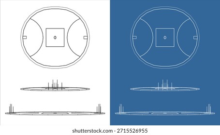 Amplia Perspectiva lateral de las reglas australianas Football Ground Technical Wireframe