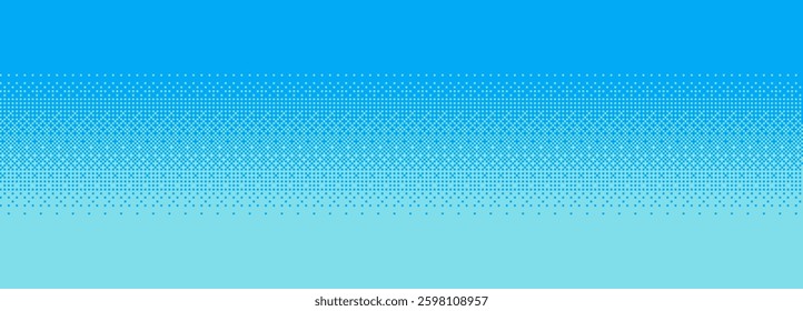 Wide simple blue sky pixel art background with a halftone pattern. 2D vector graphic. 8 bit Retro game level background. Vector Graphics. horizontal gradient.