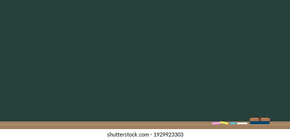 Wide size Blackboard background with chalks, chalkboard eraser.  No Chalkdust and Woodgrain textured. Wide size cute School Supplies vector illustration.