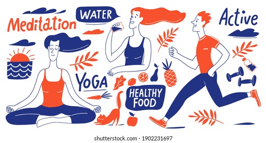 wide size healthy life style doodle infographic design vector set with yoga, runner man and woman. Good for motivational nature lifestyle card or poster