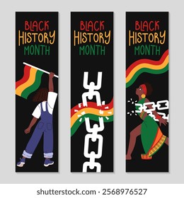 Wide skyscraper Black history month banner set. African-American woman with flag. Woman in ethnic clothes breaks shackles, chains. Holiday long vertical background. Vector flat illustration.