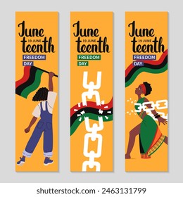 Amplio rascacielos Juneteenth conjunto de Anuncio. Mujer afroamericana con bandera panafricana. Mujer con ropa étnica rompe grilletes, cadenas. Fondo de Vertical larga de Festiva. Ilustración plana de Vector.