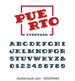 Wide slab serif font. Vector alphabet with latin letters and numbers.