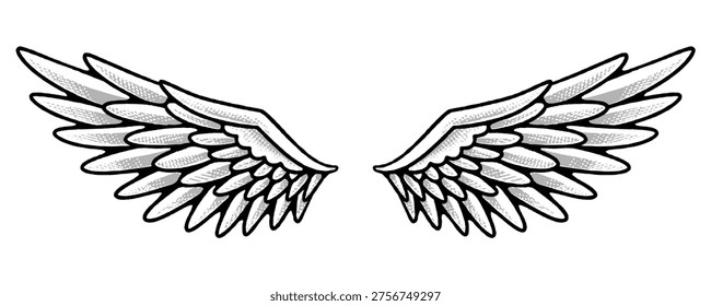 Wide Spread Angel Wings Hand Drawn with Precise Black Lines for Freedom and Power Branding.