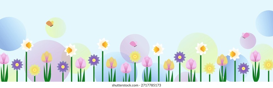 Amplio fondo de primavera con tulipanes rosados, narcisos blancos, anémonas púrpuras y amarillas, contra un fondo de círculos degradados en azul, amarillo y lila con espacio para texto. Ilustración vectorial para Anuncio de Sitio web, Anuncio de redes sociales, tarjeta de felicitación, carteles, cubiertas, material de negocios y marketing. 