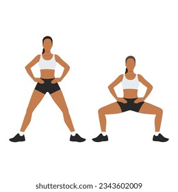 Wide squats. Workout for the buttocks and hips. Flat vector illustration isolated on white background