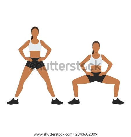 Wide squats. Workout for the buttocks and hips. Flat vector illustration isolated on white background