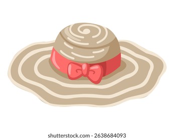 Wide straw beach summer hat with light red ribbon. Cartoon vector illustration on white background