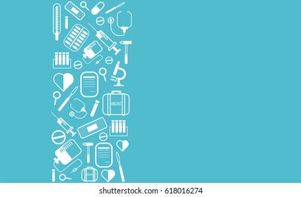 A wide strip of different medical icons in a corner of a light blue background