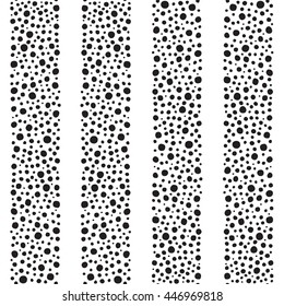 Wide stripes made of uneven spots of various size. Bars with dot texture vector seamless pattern. Black and white monochrome background.