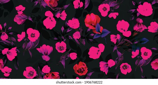
Wide stylized vintage floral seamless background pattern. Tulips with leaf on dark red. Abstract, hand drawn. Pure vector style.