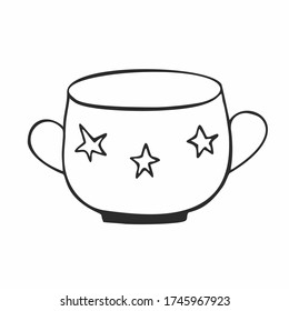 A wide sugar bowl with a star pattern isolated on a white background. Mug for tea, coffee and tea ceremony. Vector contour illustration of a child's Doodle. Logo of a cafe, restaurant, or bar