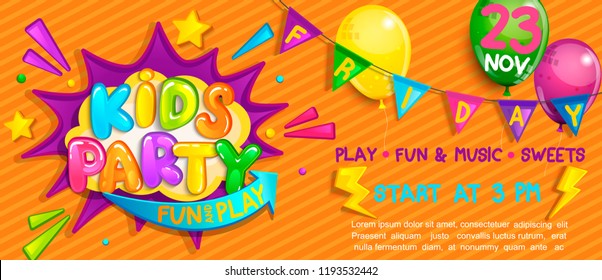 Wide Super kids party Banner in cartoon style with balloons, flags and boom frame.Birthday party, Place for fun and play, kids game room. Welcome Poster for  decoration.Vector illustration.