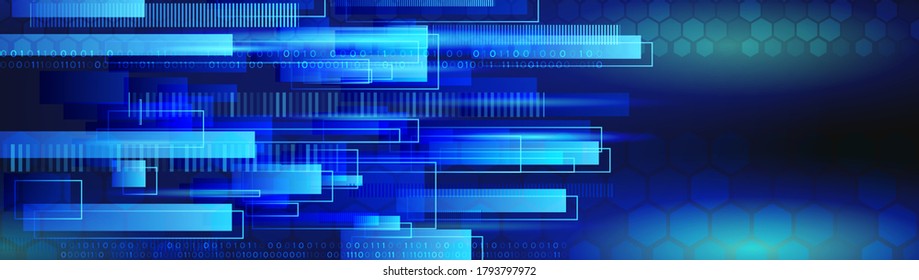 Wide Technology communication concept. Futuristic blue background with hexagons and binary code. Modern hi-tech vector illustration. Business internet banner.