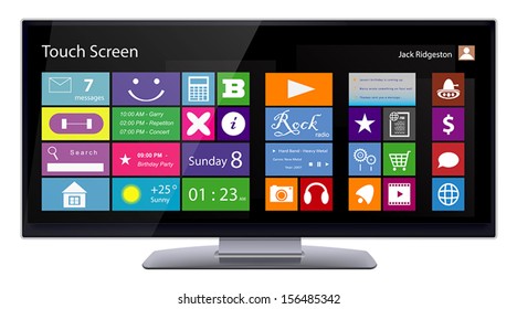 Wide Touch Screen computer monitor with color metro icons on display. Vector illustration isolated on white background.