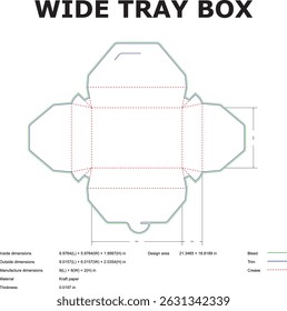 Wide tray box packaging design layout with dimensions and specifications for crafting or design
