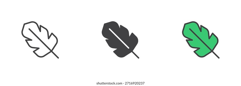 Icono de hoja tropical ancha en línea, estilo colorido de contorno sólido y lleno. Icono de la hoja dos veces mostrado como signo de Vector, símbolo, paquete botánico del color.
