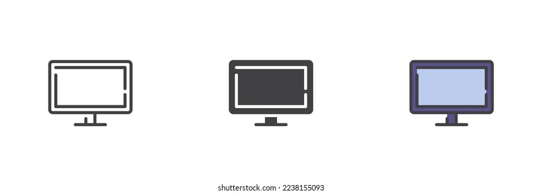 Wide TV screen different style icon set. Line, glyph and filled outline colorful version, computer monitor outline and filled vector sign. Symbol, logo illustration. Vector graphics