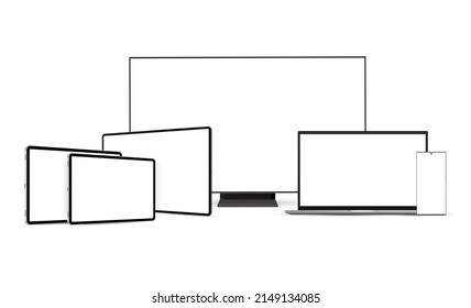 Wide TV, Tablets, Laptop and Smartphone. Modern Devices Mockups With Blank Screens, Isolated on White Background. Vector Illustration