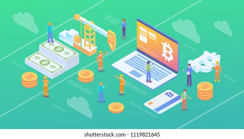 Wide Ultra HD Screen Resolution Bitcoin Crypto Currency Blockchain Mining Site Isometric Composition Background Wallpaper With People And Digital Related Asset Illustration