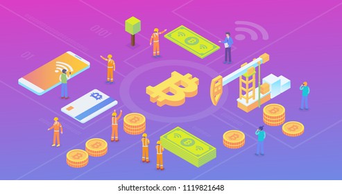 Wide Ultra HD Screen Resolution Bitcoin Crypto Currency Blockchain Mining Site Isometric Composition Background Wallpaper With People and Digital Related Asset Illustration