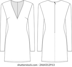 ancho v cuello de manga larga h línea con cremallera corto mini vestido Plantilla dibujo técnico plano sketch cad maqueta mujer diseño estilo modelo