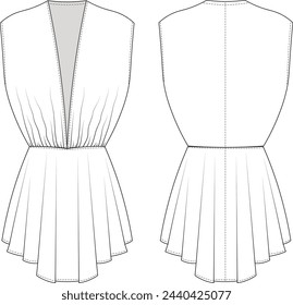 ancho v cuello de corte bajo hombro sin mangas recogido slouchy acampanado corto mini plantilla de vestido dibujo técnico plano sketch cad maqueta de moda mujer diseño estilo modelo 