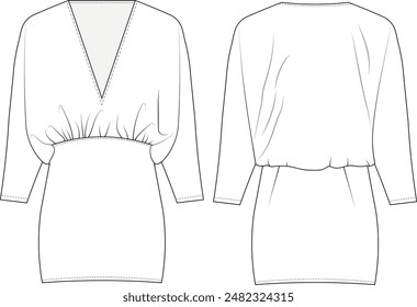 wide v neck slouchy half sleeve short mini dress template technical drawing flat sketch cad mockup fashion woman
