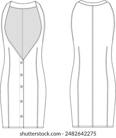 Breite V-Ausschnitt Stretch Jeam Kleid technische Zeichnung, flache Skizze, Vorlage, Mode, Design, Frau
