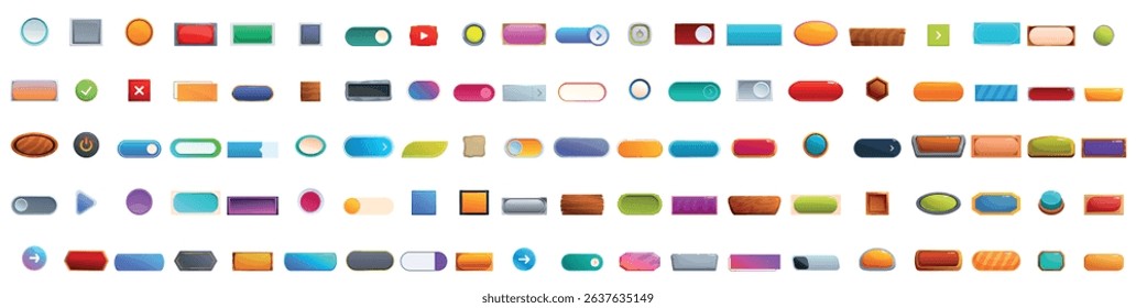 Wide variety of colorful buttons providing play, pause, settings, and directional controls for casual games or apps