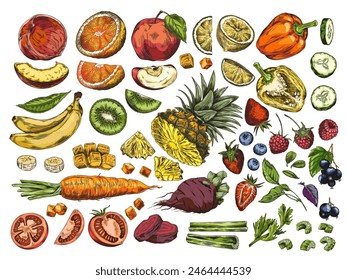 A wide variety of fruit and vegetable illustrations, in a vivid and detailed set. This vector artwork is ideal for food, nutrition, and health themes.