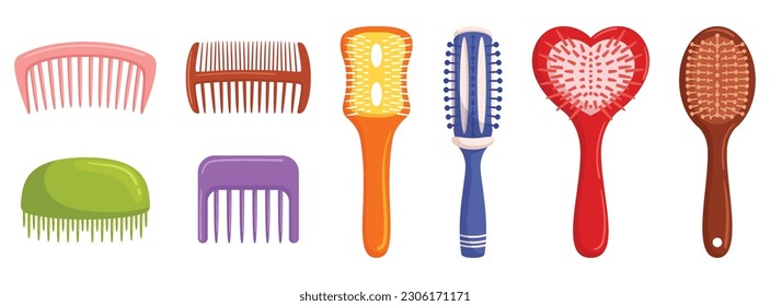 Wide Variety Of Hair Brushes For Different Hair Types And Styles. Includes Detangling, Round, Paddle, And Styling Brushes, Essential For Smooth, Sleek, And Voluminous Hair. Cartoon Vector illustration