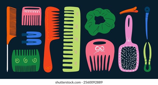 Wide variety of hair brushes for different hair types and styles. Cartoon hairdressing tools for curly and straight hair, detangling combs. Vector set.