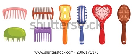 Wide Variety Of Hair Brushes For Different Hair Types And Styles. Includes Detangling, Round, Paddle, And Styling Brushes, Essential For Smooth, Sleek, And Voluminous Hair. Cartoon Vector illustration