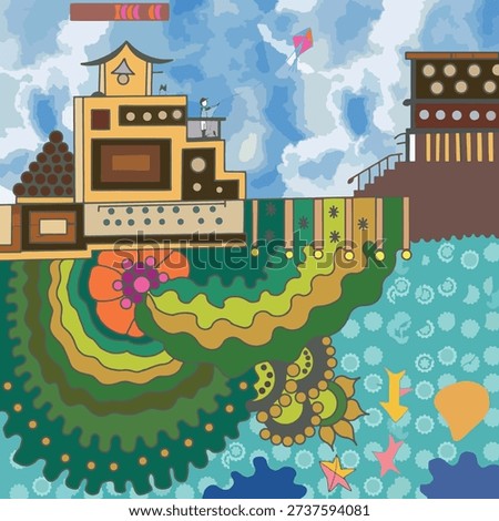 wide variety of patterns, including wood grains, stripes, floral prints, and geometric dots, creating a rich, tactile feel across the different "zones" of the image.