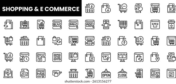 Wide variety of shopping and e-commerce icons in a minimalist style.